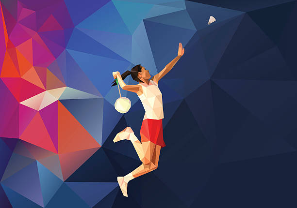 Polygonal professional female badminton player Polygonal professional female badminton player on colorful low poly background doing smash shot with space for flyer, poster, web, leaflet, magazine. Vector illustration badminton stock illustrations