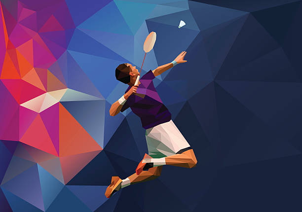 Polygonal professional badminton player Polygonal professional badminton player on colorful low poly background doing smash shot with space for flyer, poster, web, leaflet, magazine. Vector illustration badminton stock illustrations