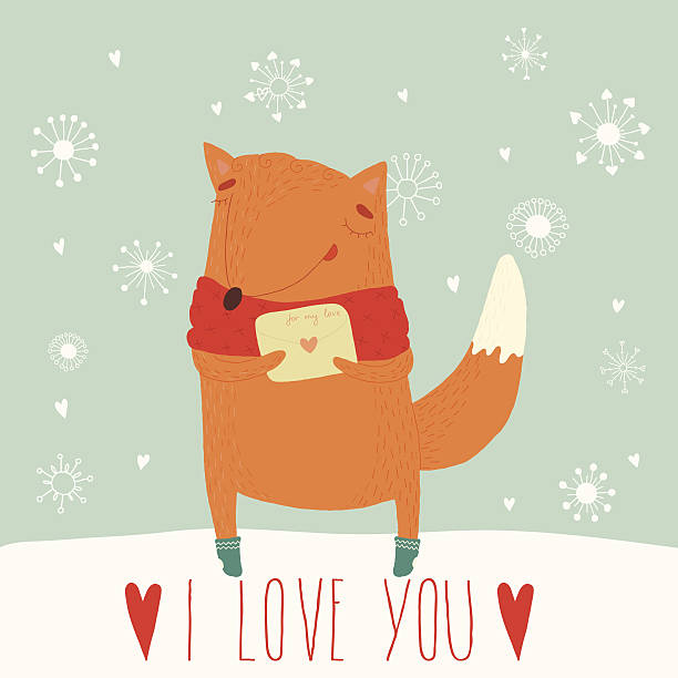 ilustraciones, imágenes clip art, dibujos animados e iconos de stock de linda tarjeta de día de san valentín con un divertido fox - letter i love heart shape animal heart