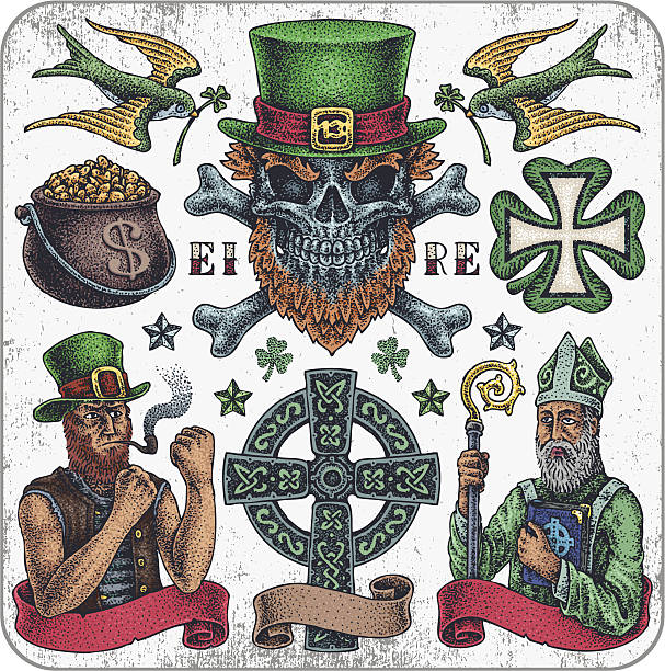 Spooky St. Patrick tattoo set. Hand-drawn tattoo collection, St. Patrick's Day theme. celtic shamrock tattoos stock illustrations
