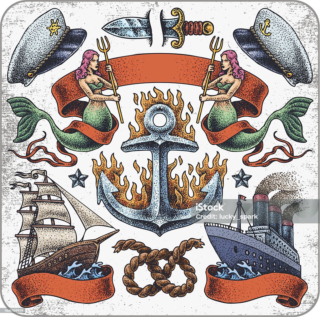 Sailors' tattoo set. Hand-drawn set of old school tattoo sailing theme. Tattoo stock vector