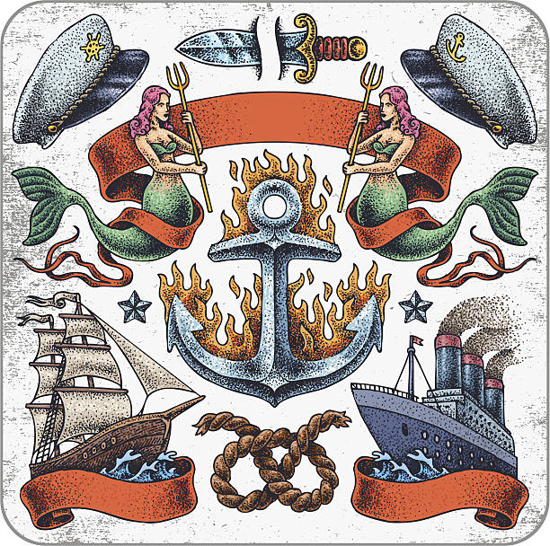 Sailors' tattoo set. Hand-drawn set of old school tattoo sailing theme. nautical tattoos stock illustrations