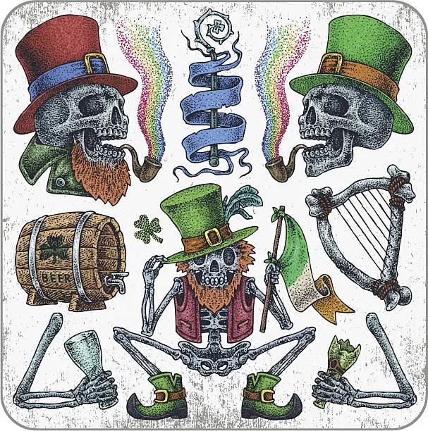 Vector illustration of Spooky St. Patrick tattoo set.