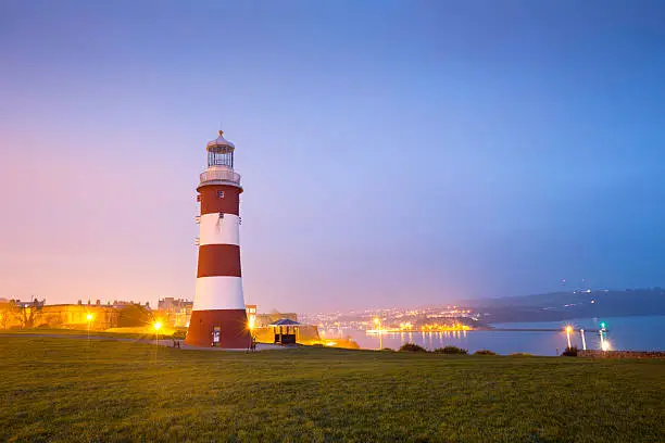 A low light scenic picture of Smeaton Lighthouse on Plymouth Hoe, A major landmark to the city of Plymouth.