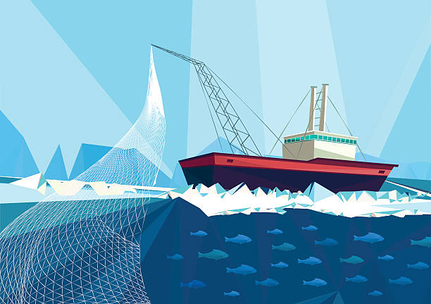 fish trawler abstract polygonal vector illustration of fish trawler in arctic sea fish trawler stock illustrations
