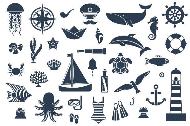 płaski ikony z morskich stworzeń i symbole. - fishing industry fishing nautical vessel buoy stock illustrations