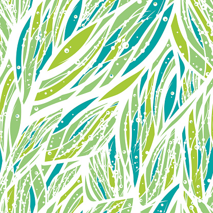 Abstract seamless pattern with water or floral elements in green, blue and white colors in vector.