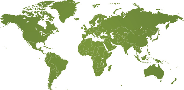 A green World map with countries. Every country easy to edit. Hires JPEG (5000 x 5000 pixels) and EPS10 file included.