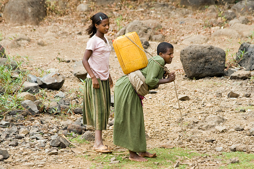 Barhir Dar, Ethiopia - February 26, 2010: Two women collect water from Lake  Tana in Ethiopia. 