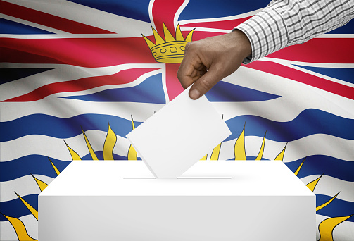 Voting concept - Ballot box with Canadian province flag on background - British Columbia