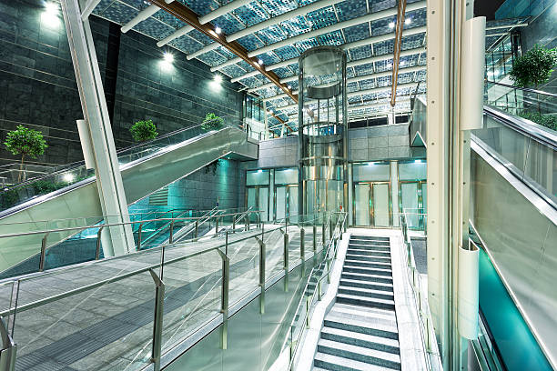 modern architecture in financial district illuminated at night