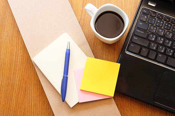 istock note book and laptop on wooden table with coffee 466806982