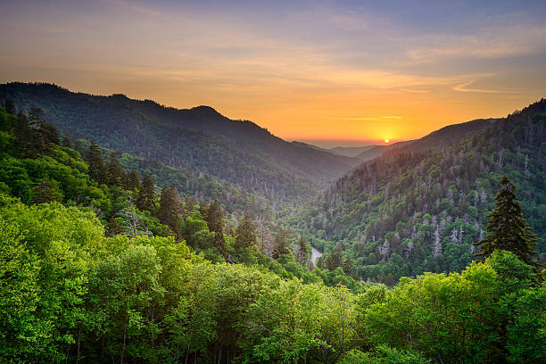 Great Smoky Mountains National Park Sunset at the Newfound Gap in the Great Smoky Mountains near Gatlinburg, Tennessee, USA. great smoky mountains national park stock pictures, royalty-free photos & images