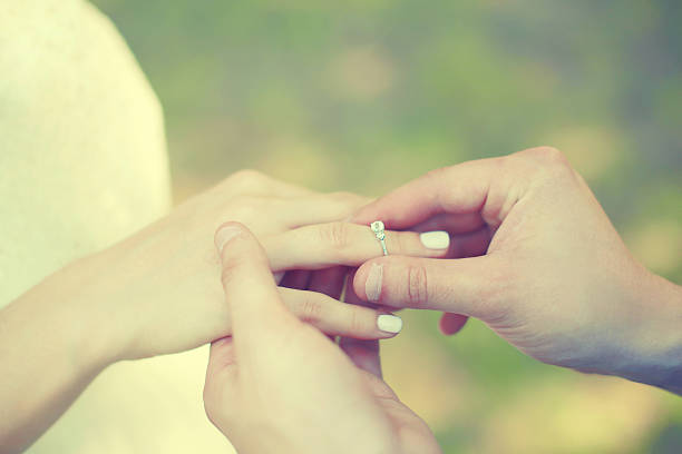 istock Love, engagement and wedding concept - hands couple with ring 466814422