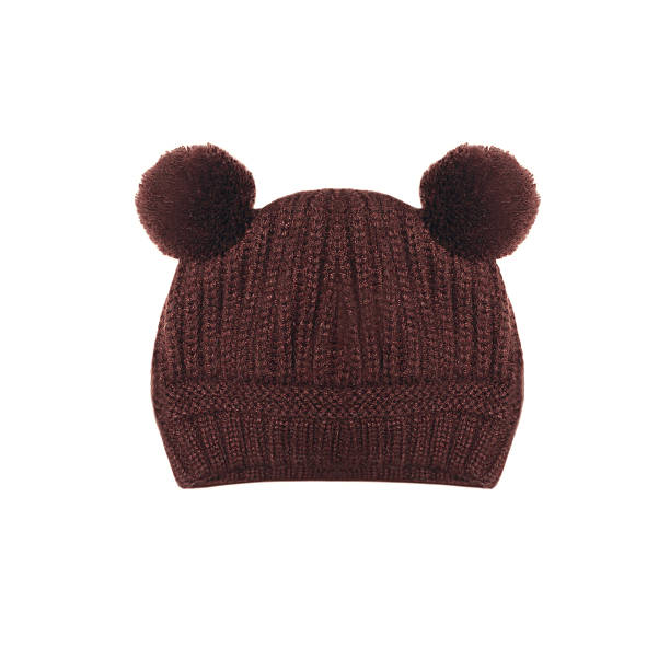 istock Brown knitted hat with ears bear on a white background 466814940