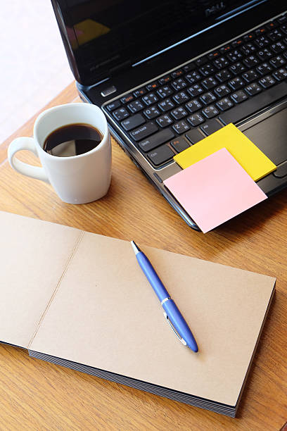 istock note book and laptop on wooden table with coffee 466815852