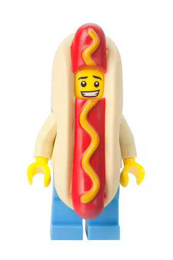 Adelaide, Australia - March 13, 2015: A studio shot of a Hot Dog guy Lego minifigure from Minifigure Series 13. Lego is extremely popular worldwide with children and collectors.