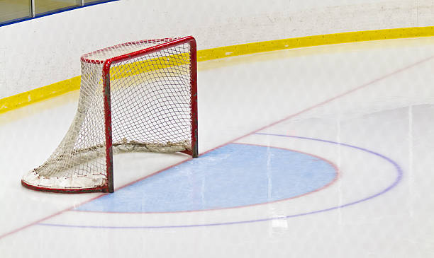 Ice hockey goal and crease in an arena stock photo