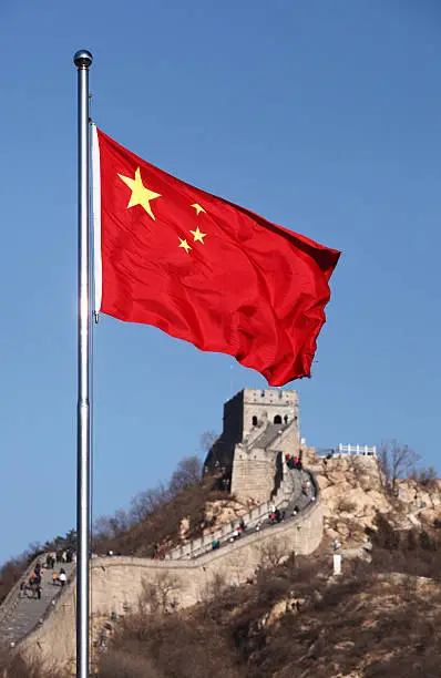 Photo of Chinese Flag with Great wall.