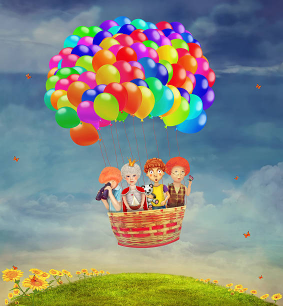 illustrazioni stock, clip art, cartoni animati e icone di tendenza di bambini in un palloncino nel cielo - love transportation cloud cloudscape