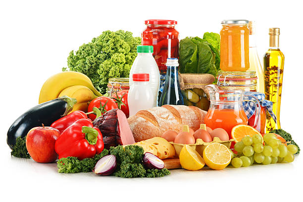 istock Composition with variety of grocery products isolated on white 466829431