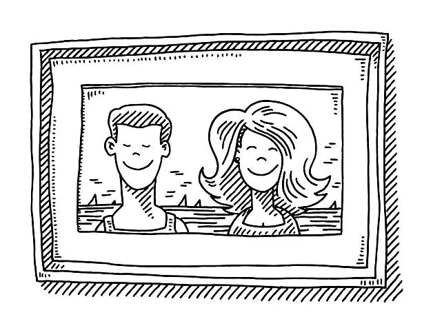 Vector illustration of Couple Vacation Photo In Picture Frame Drawing