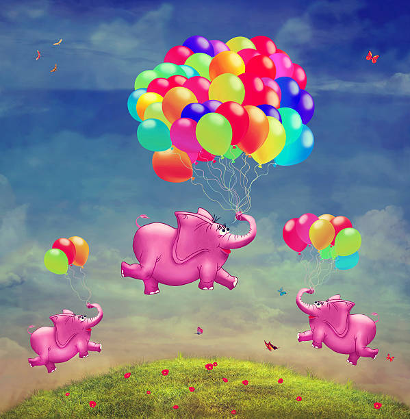 istock Cute  illustration of  flying elephants with balloons 466830268