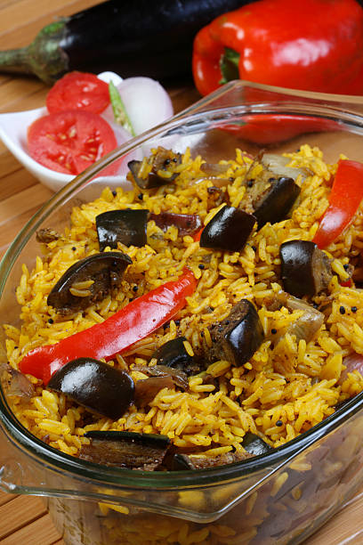 Eggplant Biryani rice based dish from India stock photo