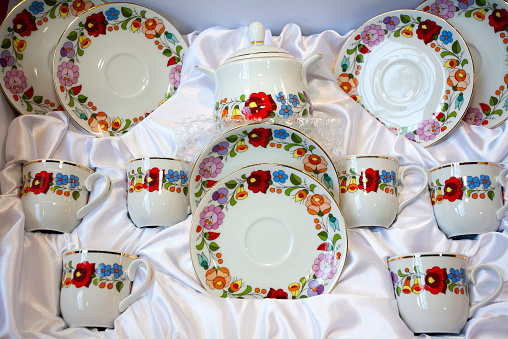 Original hungarian handmade porcelain Kalocsa motives. Folklore tableware from Hungary Europe Budapest
