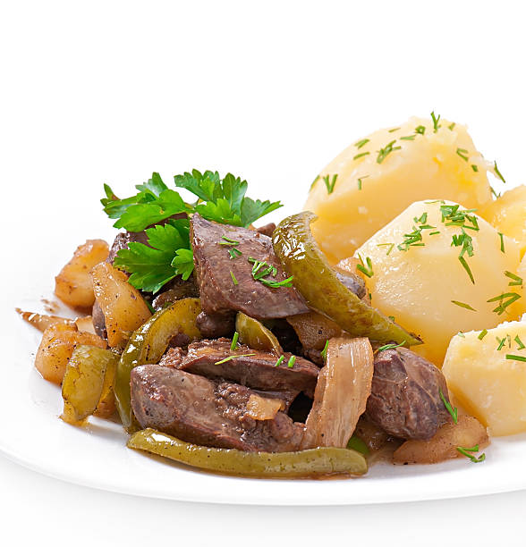 istock Fried chicken liver with apples, sweet pepper and onions 466832373