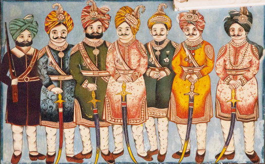 Havelis were the rich mansions of indian merchants. Mandawa is a little town in Rajasthan that was on silk road and have many richly decorated havelis built roughly 100 years ago. This is an old Haveli fresco representing a Maharaja with his court.