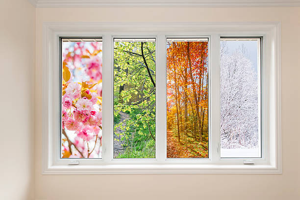 window view of four seasons - mevsim stok fotoğraflar ve resimler