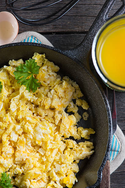 istock scrambled egg with grilled tomato in vintage iron pan 466836660