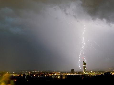 Lightning thunder over the capital city of Seoul in South Korea and the Han River.