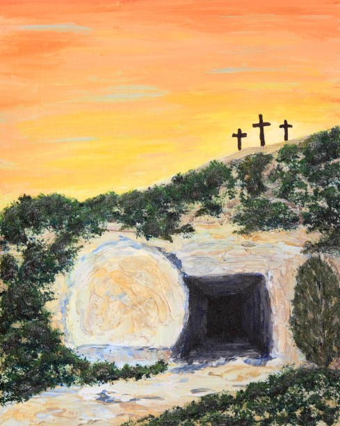 ilustraciones, imágenes clip art, dibujos animados e iconos de stock de holiday: tumba de pascua sunrise y vacío pintura de arte - cross cross shape religion easter