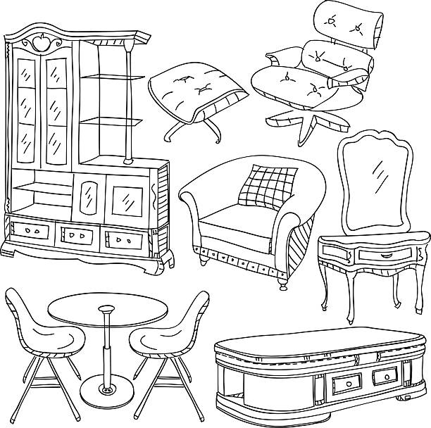 ilustrações, clipart, desenhos animados e ícones de coleção de móveis - office chair chair furniture scribble