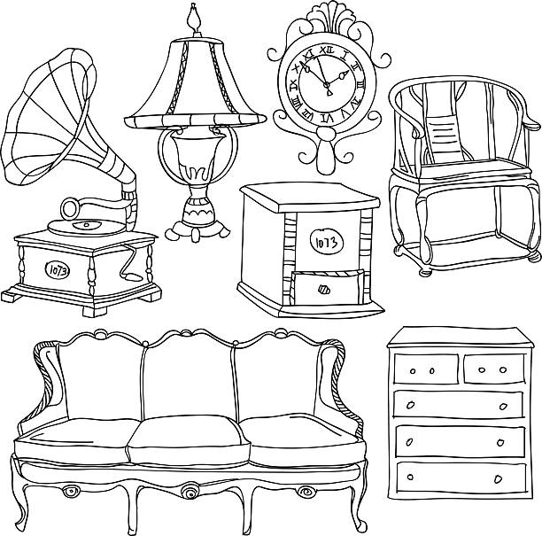 illustrazioni stock, clip art, cartoni animati e icone di tendenza di collezione di mobili - office chair chair furniture scribble