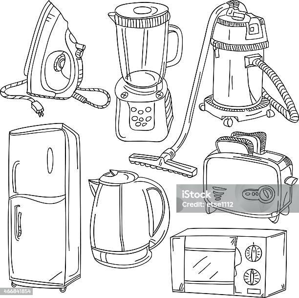 Home Electric Appliances Stock Illustration - Download Image Now - Doodle, Microwave, Vacuum Cleaner