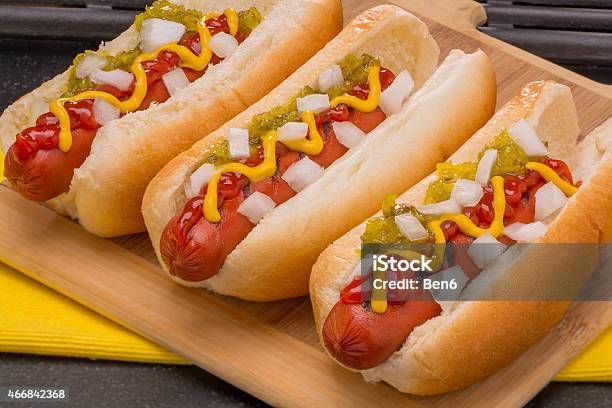 Hot Dogs Ready To Eat Stock Photo - Download Image Now - Hot Dog, Barbecue Grill, Pickle Relish