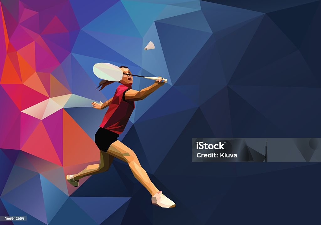 Polygonal professional female badminton player Polygonal professional female badminton player on colorful low poly background doing smash shot with space for flyer, poster, web, leaflet, magazine. Sports banner template. Vector illustration Badminton - Sport stock vector