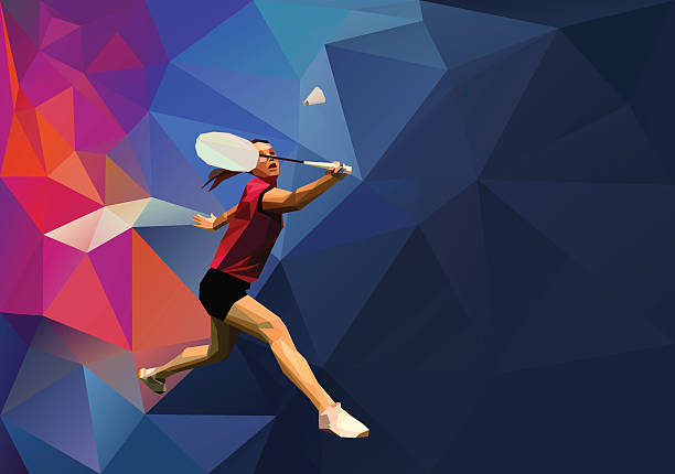 Polygonal professional female badminton player Polygonal professional female badminton player on colorful low poly background doing smash shot with space for flyer, poster, web, leaflet, magazine. Sports banner template. Vector illustration badminton stock illustrations