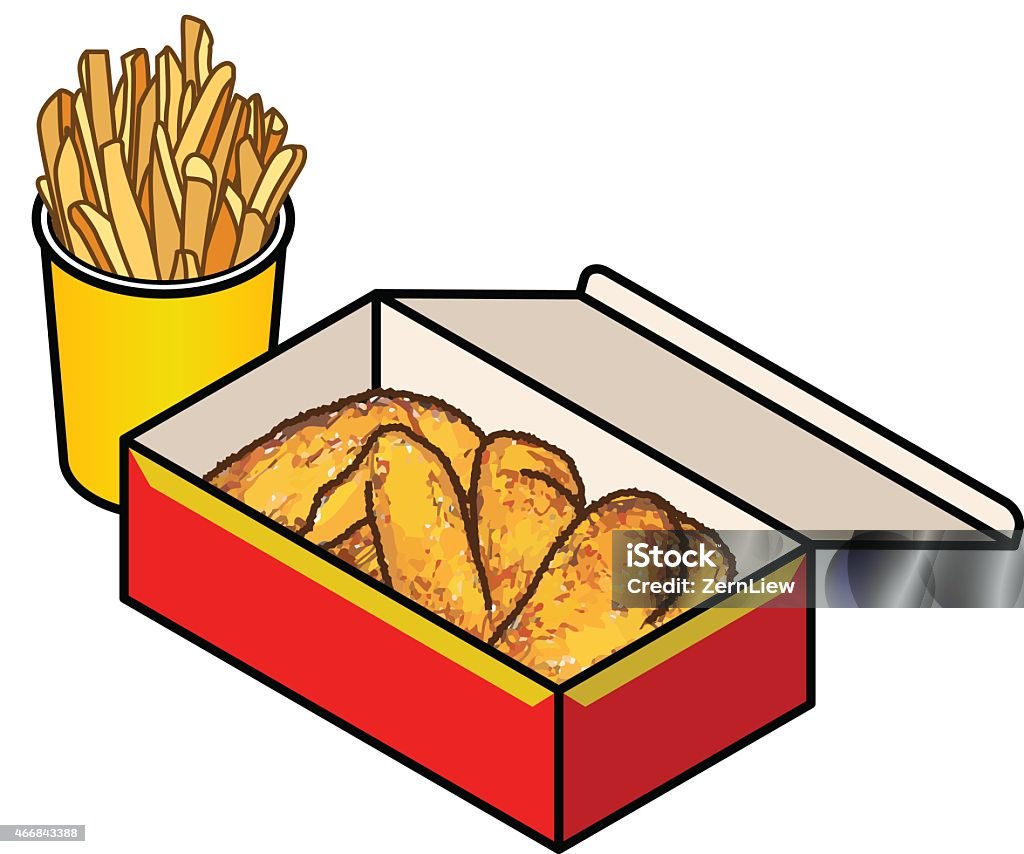 Fried Chicken A box of fried chicken and a tub of chips / fries. 2015 stock vector