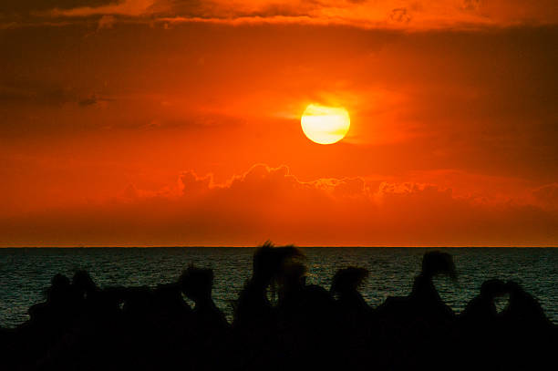 powiększony ustawienie słońce z słomy bach parasole krojów i ocean - sunset beach sky heat zdjęcia i obrazy z banku zdjęć