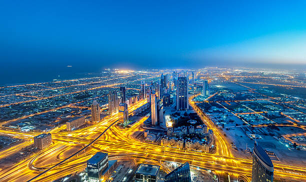 istock Aerial view on Sheikh Zayed Road, Dubai Downtown at sunrise 466853562