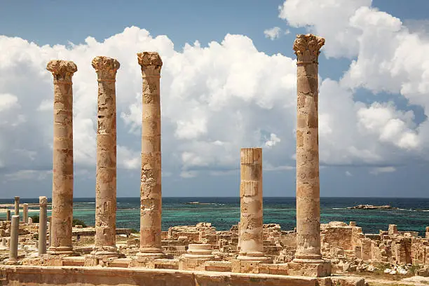 Ancient columns of Leptis Magna, Roman Ruins In Sabratha in Libya