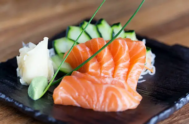 Close-up shot of fresh salmon sashimi, traditional japanese meal