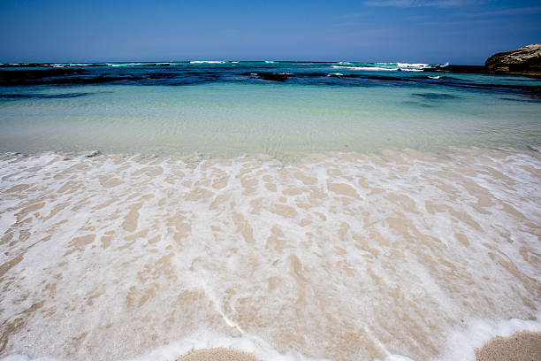 Scenic view of a beach with turquoise waves crashing onto sandy shore under partly cloudy sky with distant mountains visible on horizon. Coastal scene featuring tranquil beach with emerald green waves