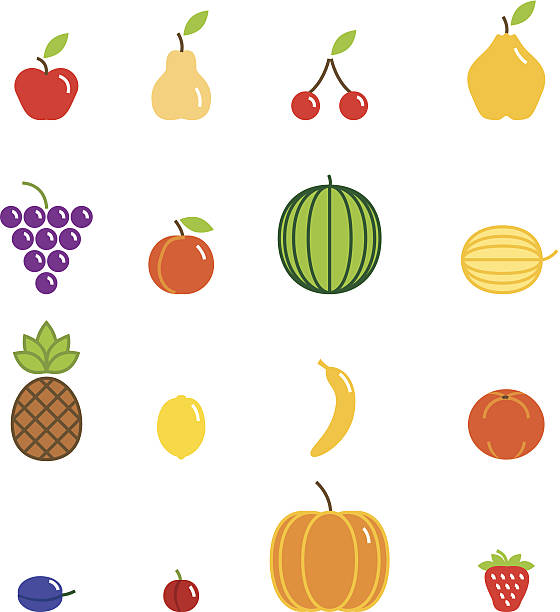 Fruit icon color set Set of a color icon fruit of apple,pear,cherry,quince,grapes,peach,watermelon,melon,pineapple,Lemon,banana,orange,prune,plum, pumpkin,strawberry vector illustration design elements.File contain EPS8 and large JPEG grape pruning stock illustrations