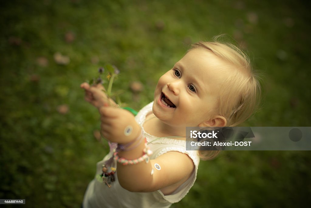 Adorable toddler girl playing in the park. Summer. Green grass. Shoot from above 2015 Stock Photo