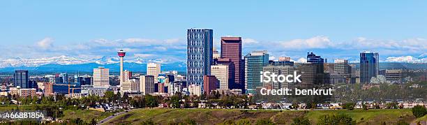 Panorama Of Calgary And Rocky Mountains Stock Photo - Download Image Now - Calgary, Urban Skyline, Mountain